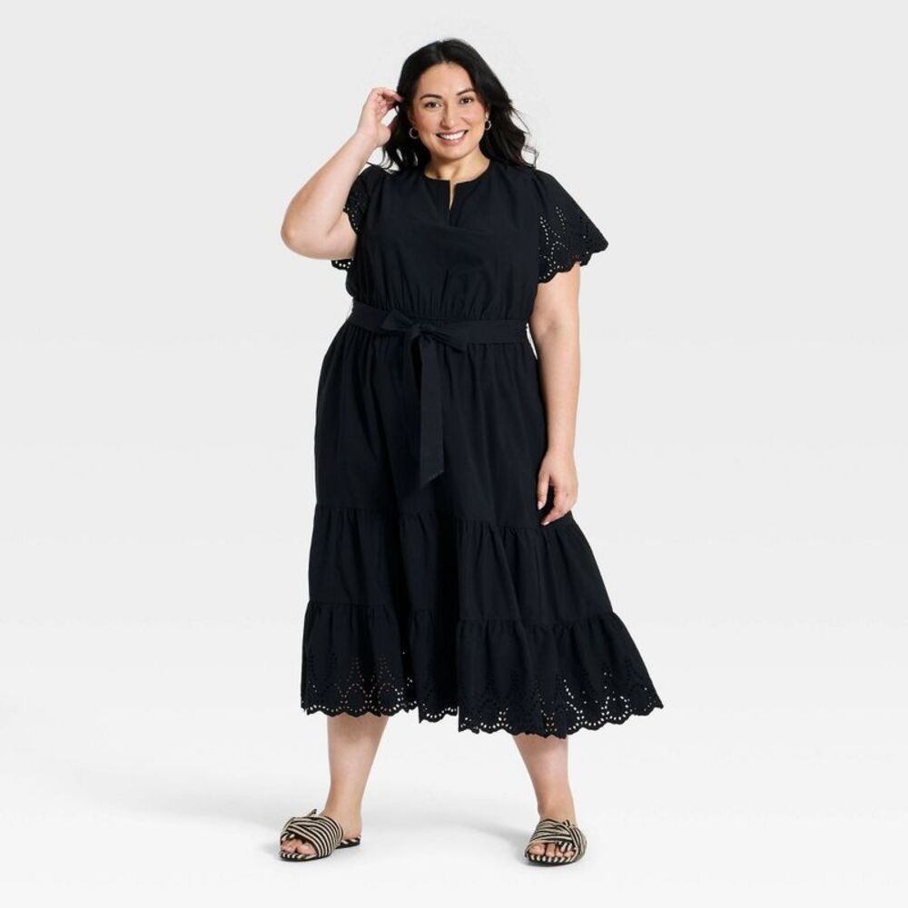 NWT Plus-Size Black Eyelet Tiered Midi Dress with Waist Tie